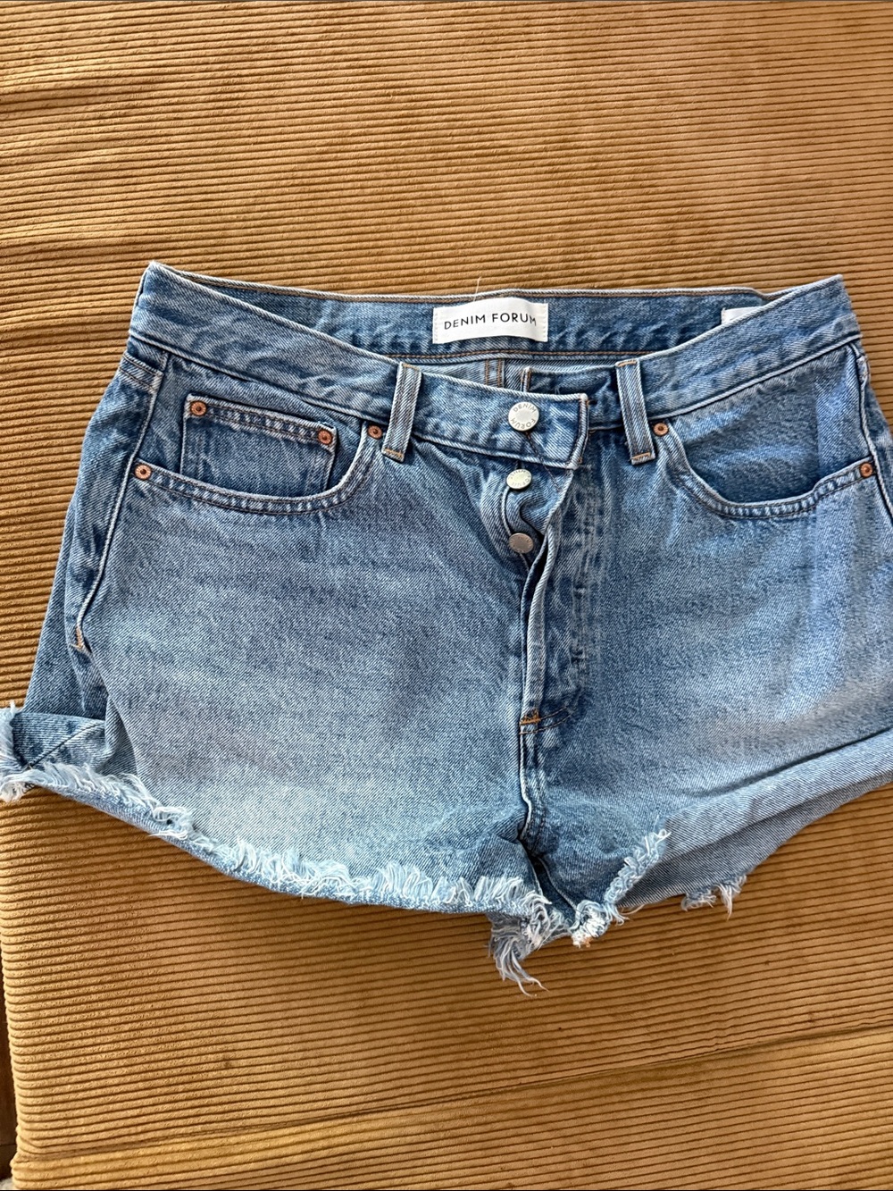 ARITZIA Denim Forum Light Blue Distressed High-Rise Jean Shorts